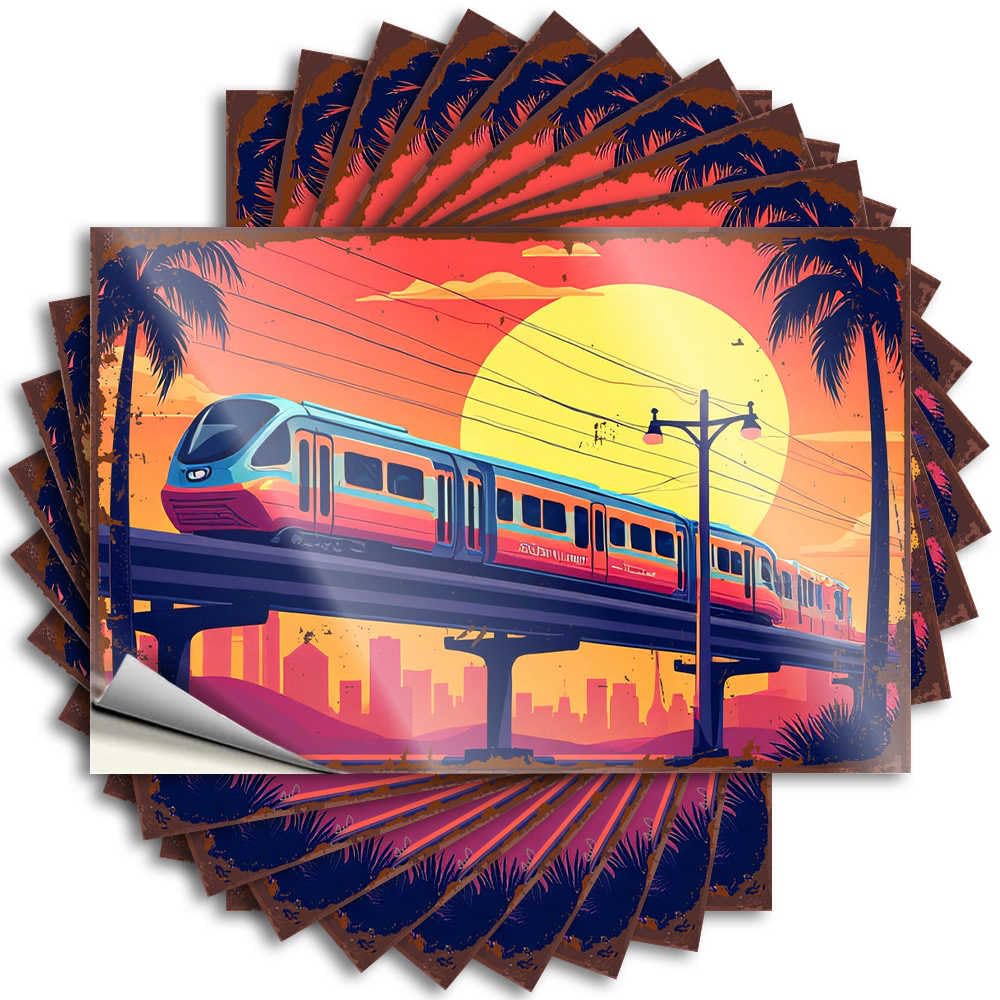 Kitchen Sets Case Saying - Sunset Cityscape with Futuristic Train and Palm Trees Lover Durable Sticker Easy Apply for Texas Decor(12X18CM)