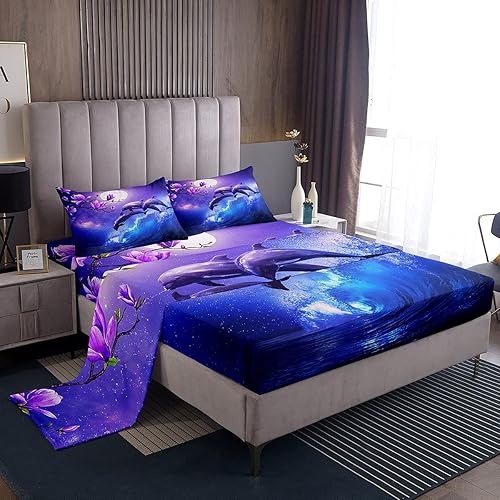 Juego de sábanas de delfín galaxia tamaño Queen ropa de cama de olas oceánicas costeras flores de cerezo moradas sábanas de animales marinos para