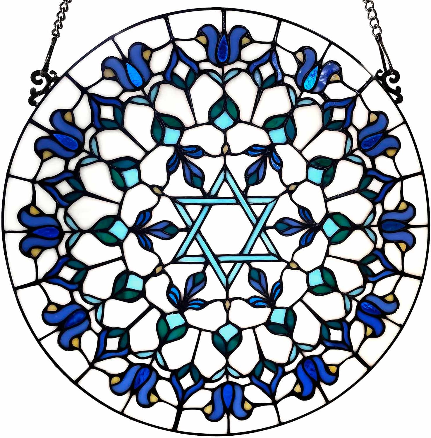 Bieye W10110 Star of David Tiffany Style Stained Glass Window Panel, 16-Inch Round Hanukkah Suncatcher, Hanging Judaica Decor
