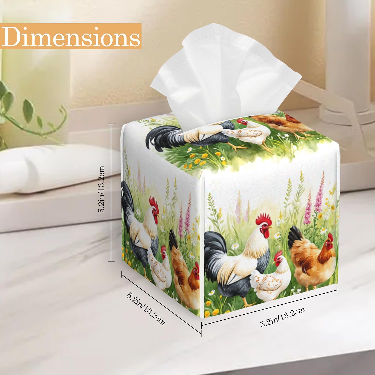 Retro Chicken Tissue Box Cover, Grassland Tissue Box Holder Waterproof Leather Facial Paper Organizer Dispenser for Bathroom Home Car Nightstand Vanity image 2