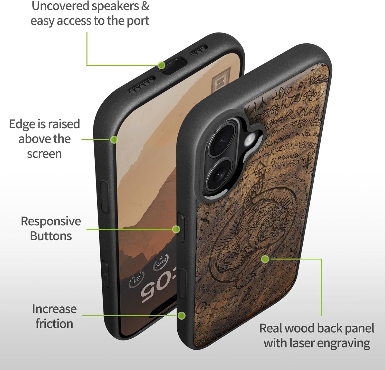 Carveit Magnetic Wooden Case for iPhone 16 Case, Wood Artisan Engraved & Black Soft TPU Shockproof Cover, Compatible with MagSafe Wireless Chargers (The Tiger's Descent) Walnut