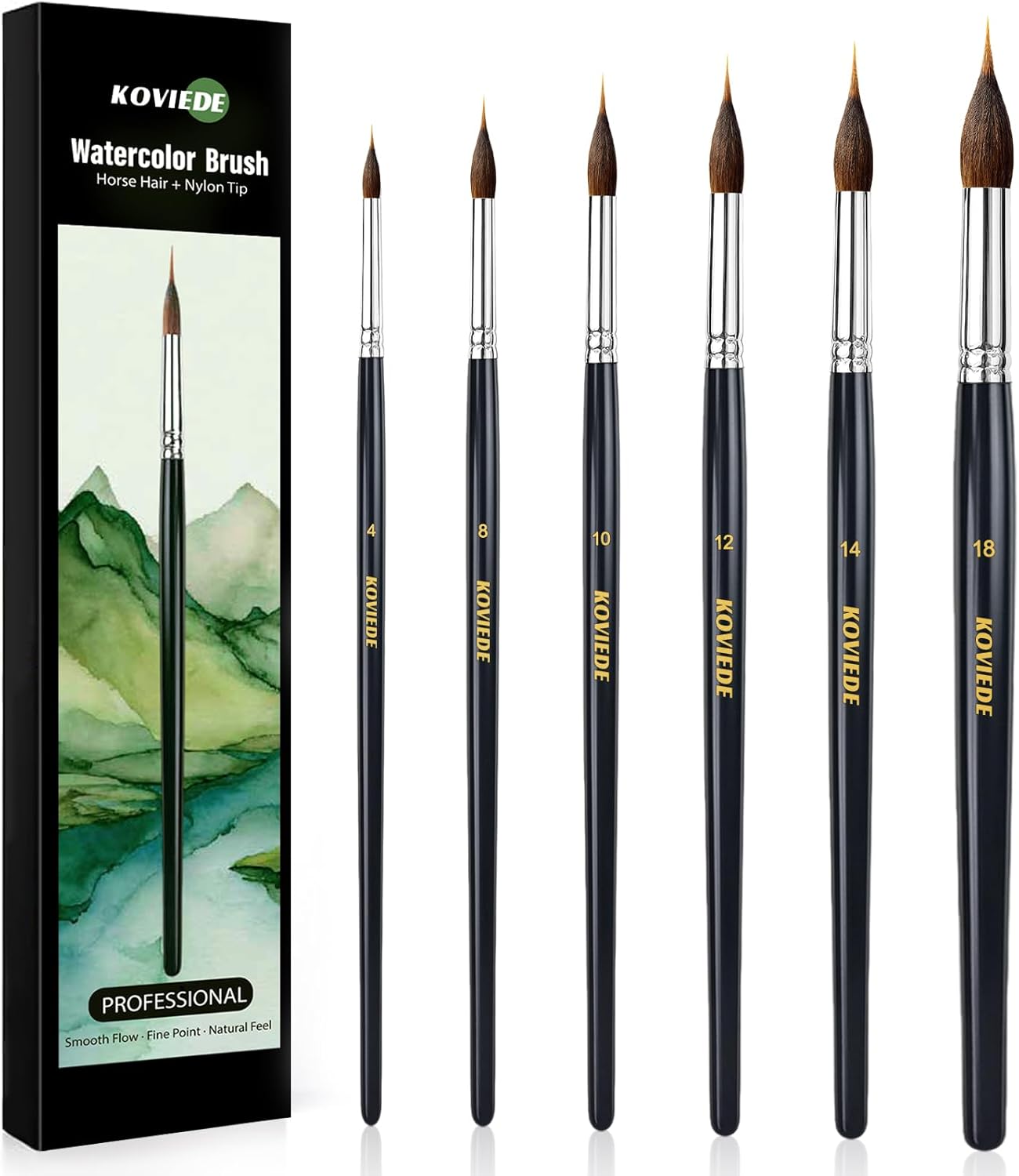 Watercolor Brushes Set, 6Pcs Extended Needle Point Brushes Synthetic Extra Pinhead Brush for Fine Detailing, with Belly Reservoir for Continuous Painting & Broad Washes Great for Artists