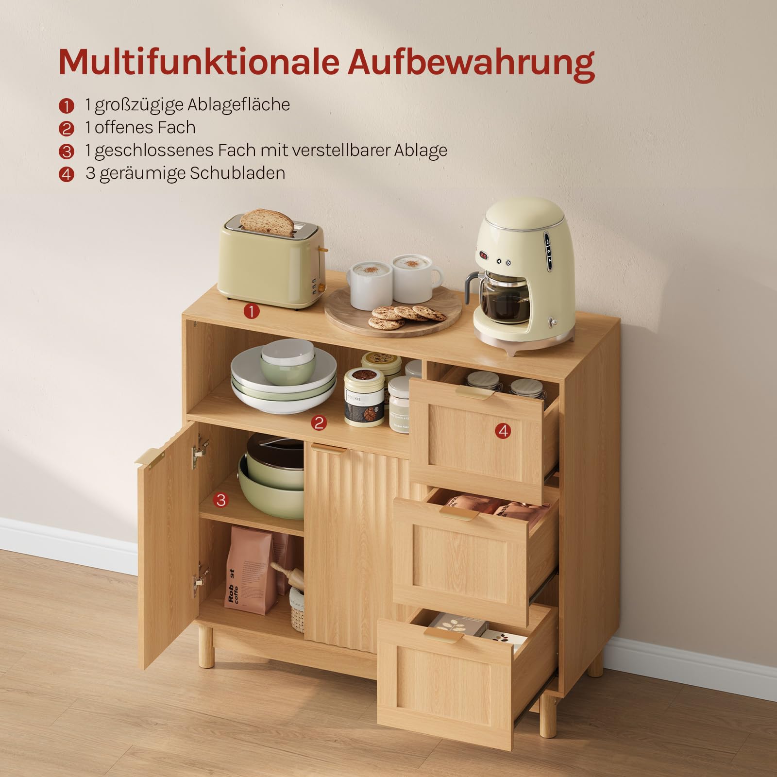 WOLTU Sideboard, Küchenschrank mit 3 Schubladen, Kommode Küche mit Türen, Verstellbarer Ablage, aus Holzwerkstoff, für Küche Wohnzimmer Flur, 90x80x35 cm, Holzoptik