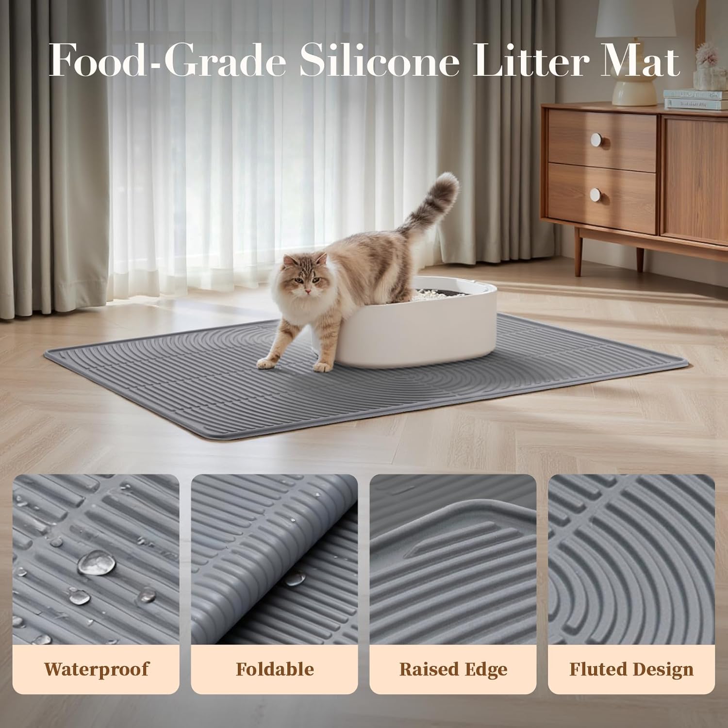 Mora Pets Cat Litter Mat, Extra Large 40" X 28" Silicone Litter Box Mats, Waterproof, Non-Slip, Scatter Control, Easy to Clean, Soft on Kitty Paws, XL, Grey