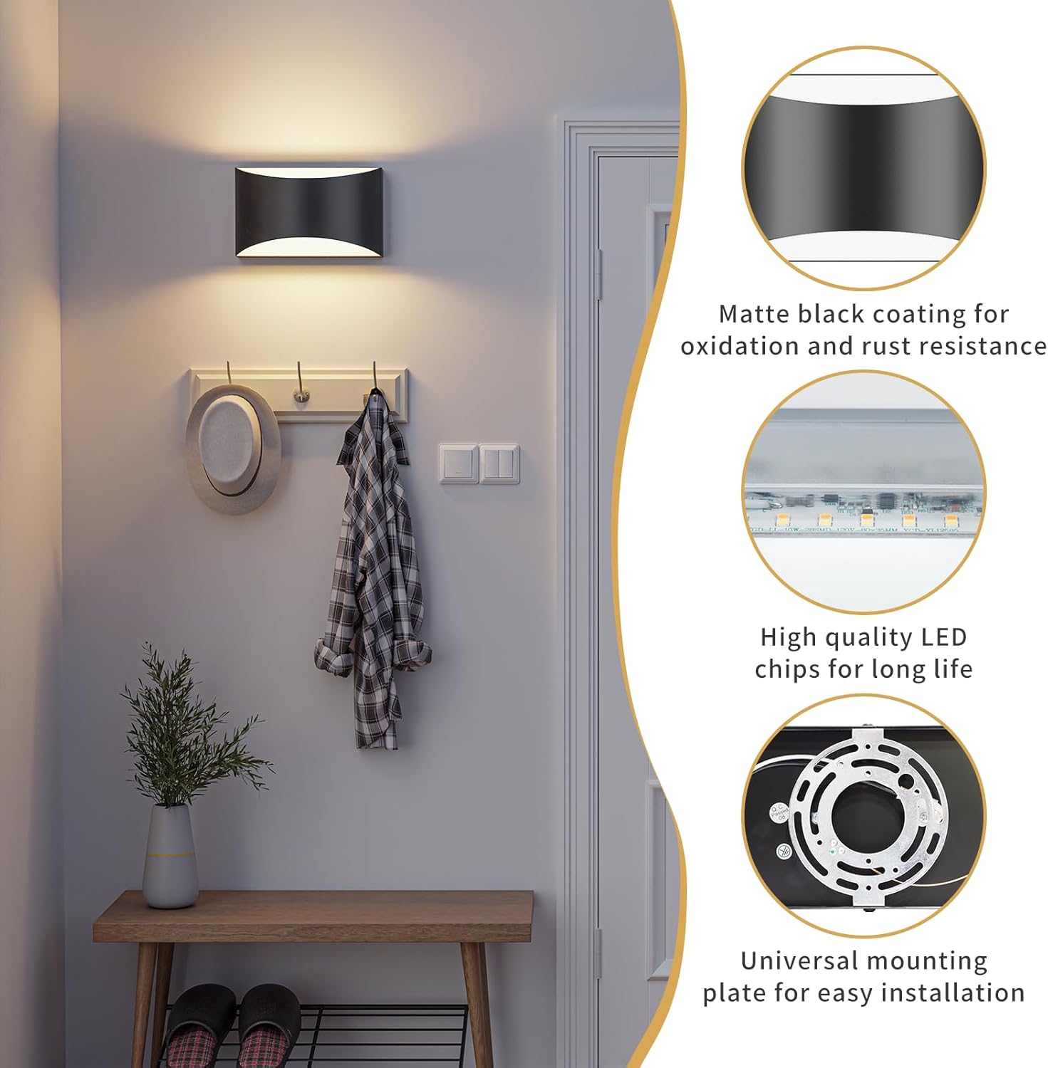 TingMiao Black Modern LED Wall Sconce, 3 Colors Indoor Wall Lights, 10W Hardwired Up and Down Aluminum Wall Mount Lamp for Bedroom Living Room Hallway Corridor (Black, 1 Pack)