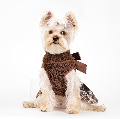 Miniatura 5 de Ropa de invierno para perro, vestido suéter para perros pequeños, niña, dobladillo a cuadros, cuello alto, ropa mullida para perros hembras, ropa