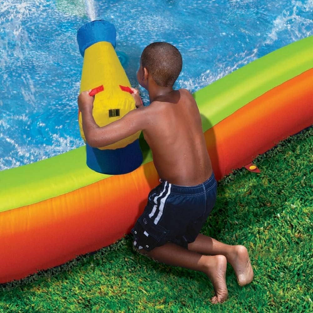BANZAI Big Blast Water Park, Length: 14 ft 5 in, Width: 10 ft 7 in, Height: 7 ft 11 in, Inflatable Outdoor Backyard Water Slide Splash Bounce Climbing Toy,Blue/Orange