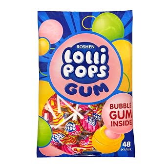Roshen LolliPops Bubble Gum Fruit Mix Hard Candy, 48 Count, 2.02 Lbs Fruity Lollipops with Chewy Bubble Gum Center Strawberry, Orange & Green Apple Assorted Candy Pops