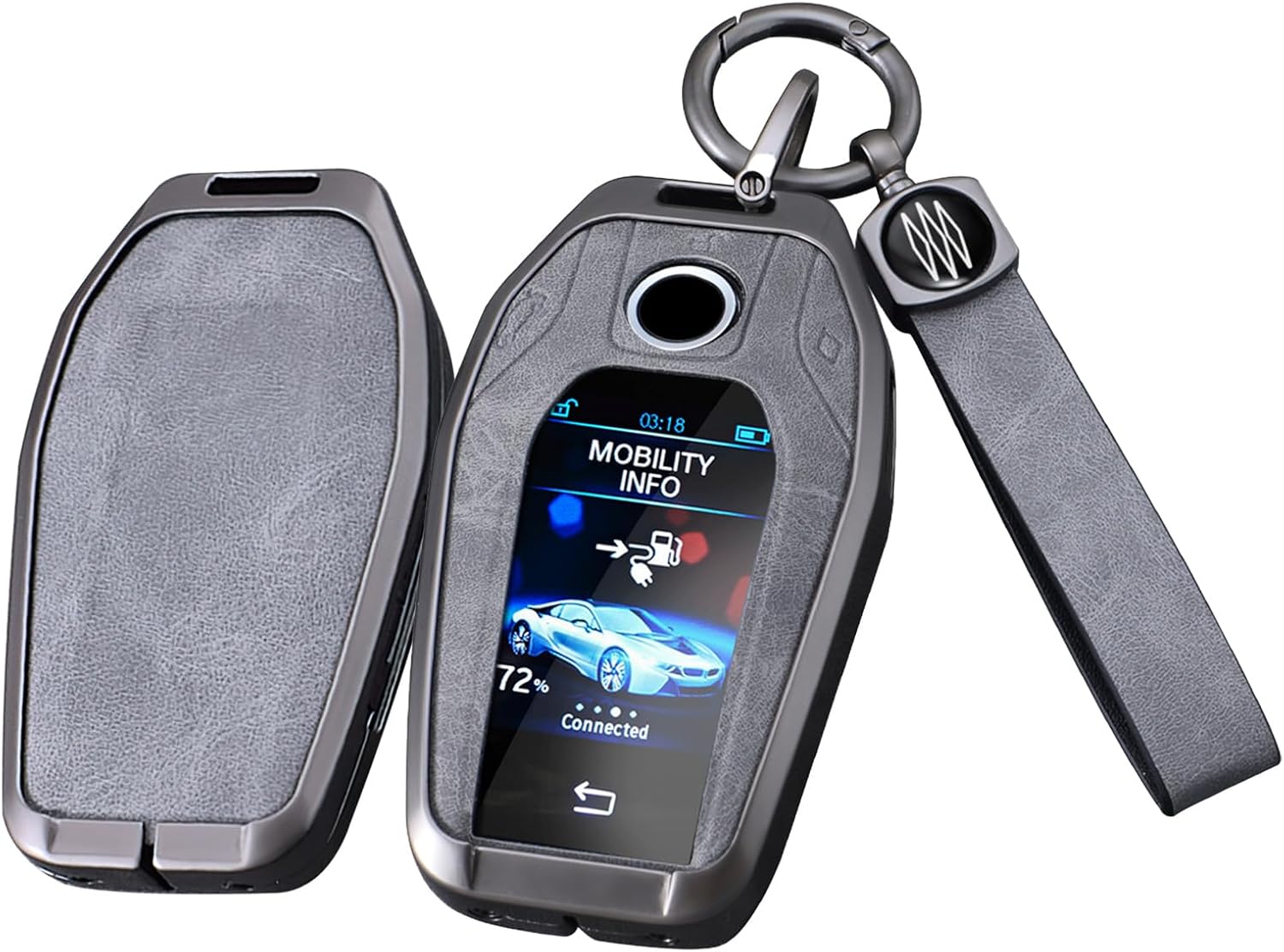 SANRILY Gray Metal Leather Key Fob Cover Fit for BMW X3 X5 3 4 5 6 7 Series Z4 M3 M5 M6 GT3 GT5 G05 G20 G30 G80 F10 F15 F16 F20 F30 F8 Display LCD Smart Key Keyless with Keychain A