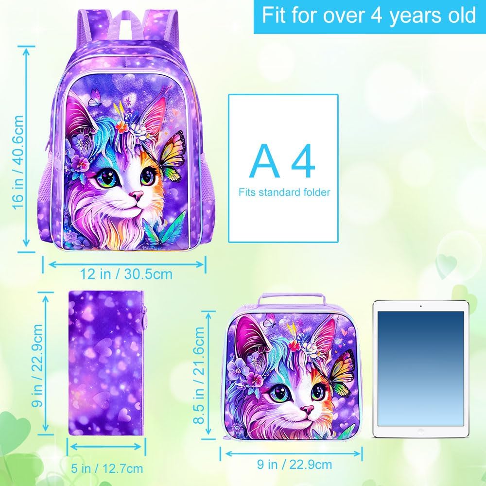 16" Cat Backpack for Girls, 3Pcs Kids School Backpacks with Lunch Box, Bookbag for Elementary Preschool Kindergarten(Purple)