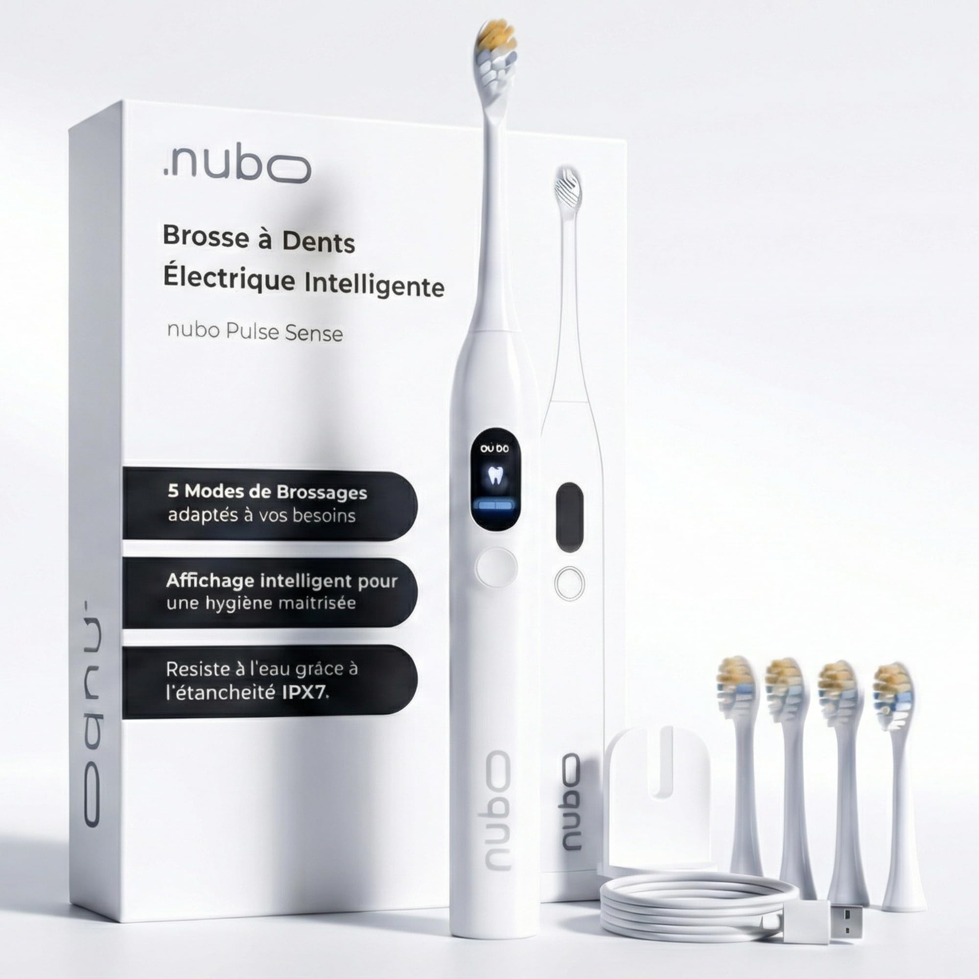 Brosse à Dents Électrique Sonique Nuboo Pulse Sense – 43 000 VPM – Écran LCD Intuitif – 5 Modes de Nettoyage – Batterie Haute Capacité – Recharge USB – Etanchéité IPX7 - Dents Sensibles - Blanchiment