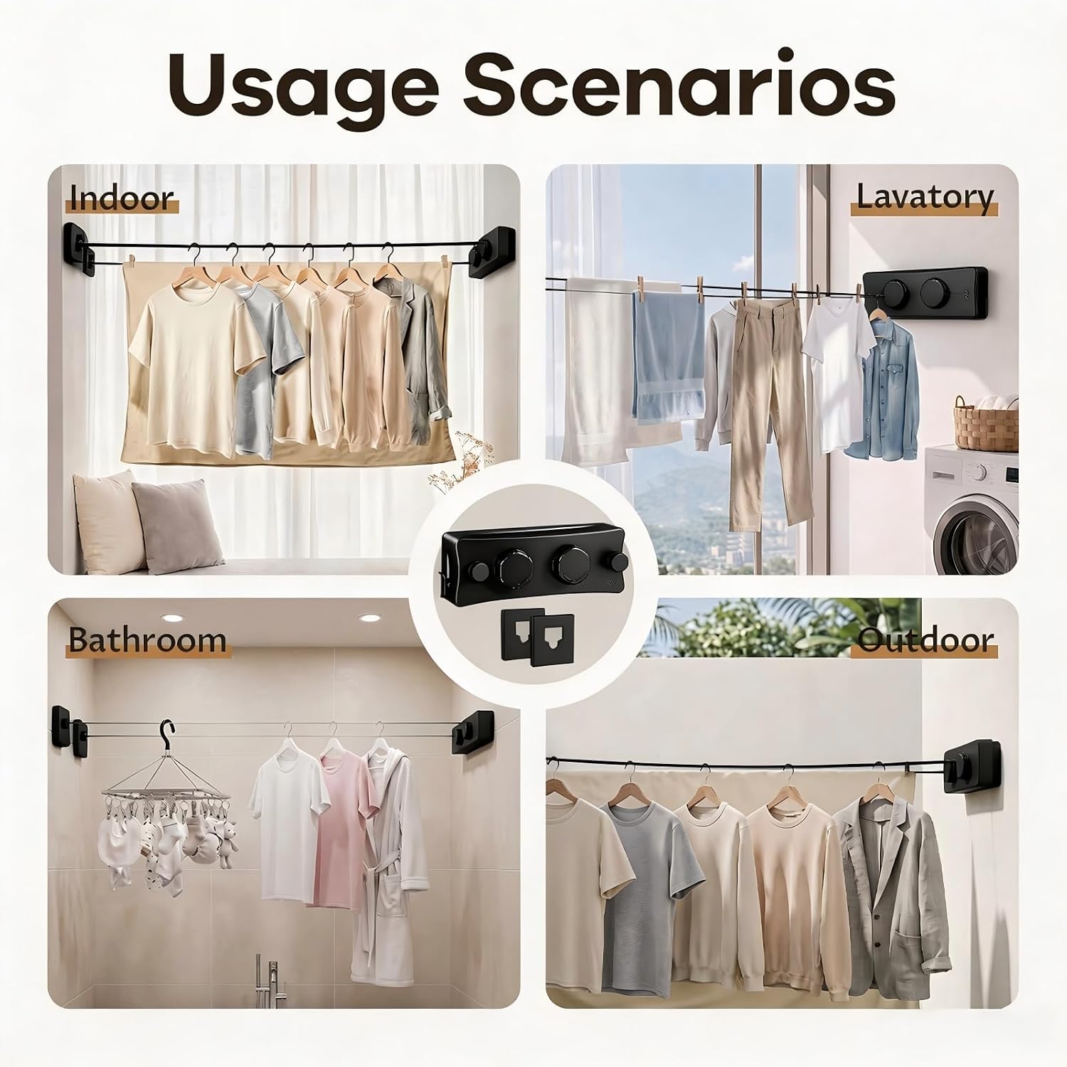 Retractable Clothesline Indoor & Outdoor, Non-Sagging Heavy Duty Retracting Laundry Drying Line, Wall Mounted Stainless Steel Double Clothes Line - 16.7 Ft (Black)