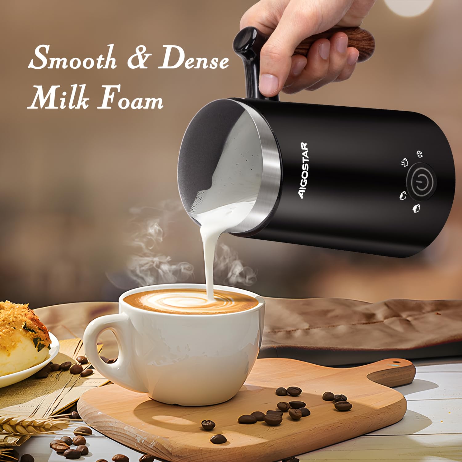 Aigostar Milky - Mousseur à lait électrique 4 en 1 Automatique, Mousseur a Lait 500W 300ml, Contrôle Intelligente de Température Mousseur de Lait Chaud et Froid pour Macchiato Chocolat Cappuccino