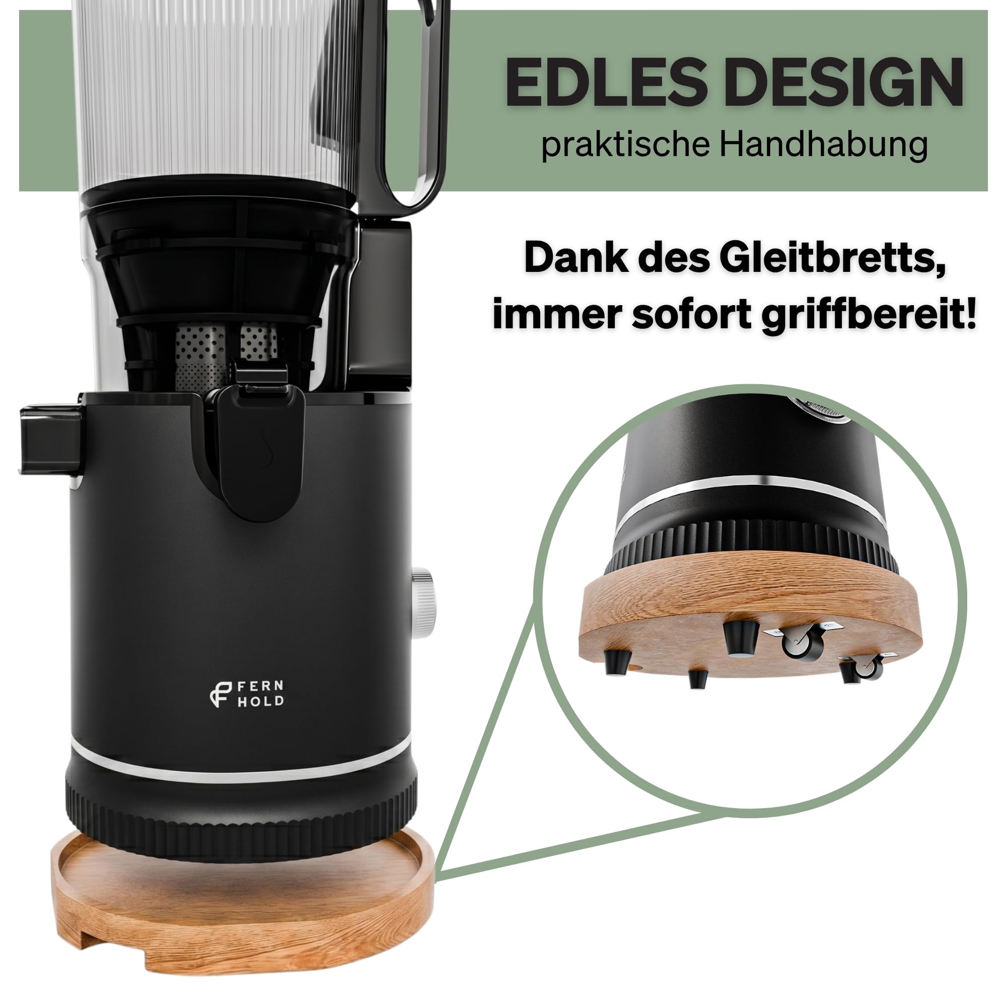 Entsafter, 250W Slow Juicer Kaltentsafter mit Holz-Untersetzern & 130 mm XXL Einfüllschacht für ganze Früchte & Gemüse | BPA-frei | Rücklauffunktion | Inkl. 2 Gläsern & Saftrezepte