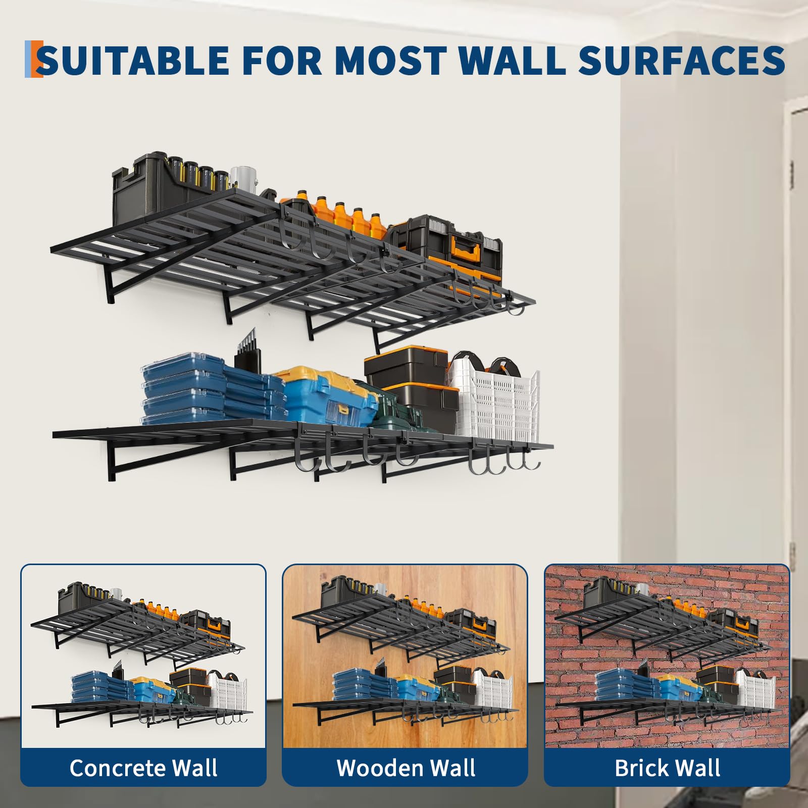 Lot de 2 étagères murales haute résistance pour garage – Étagère de rangement murale 60x120 cm (2x4 pi) avec crochets, système d'organisation mural pour garage – Chaque étagère supporte 90 kg/200 lbs
