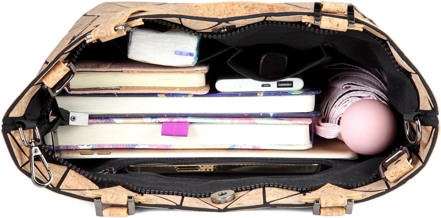 Geometric Tote Bag - Cork Handbag Top Handle Shopping Shoulder Bag Summer Beach Bag for Women Girls (Handbag with long strap) - Image 3