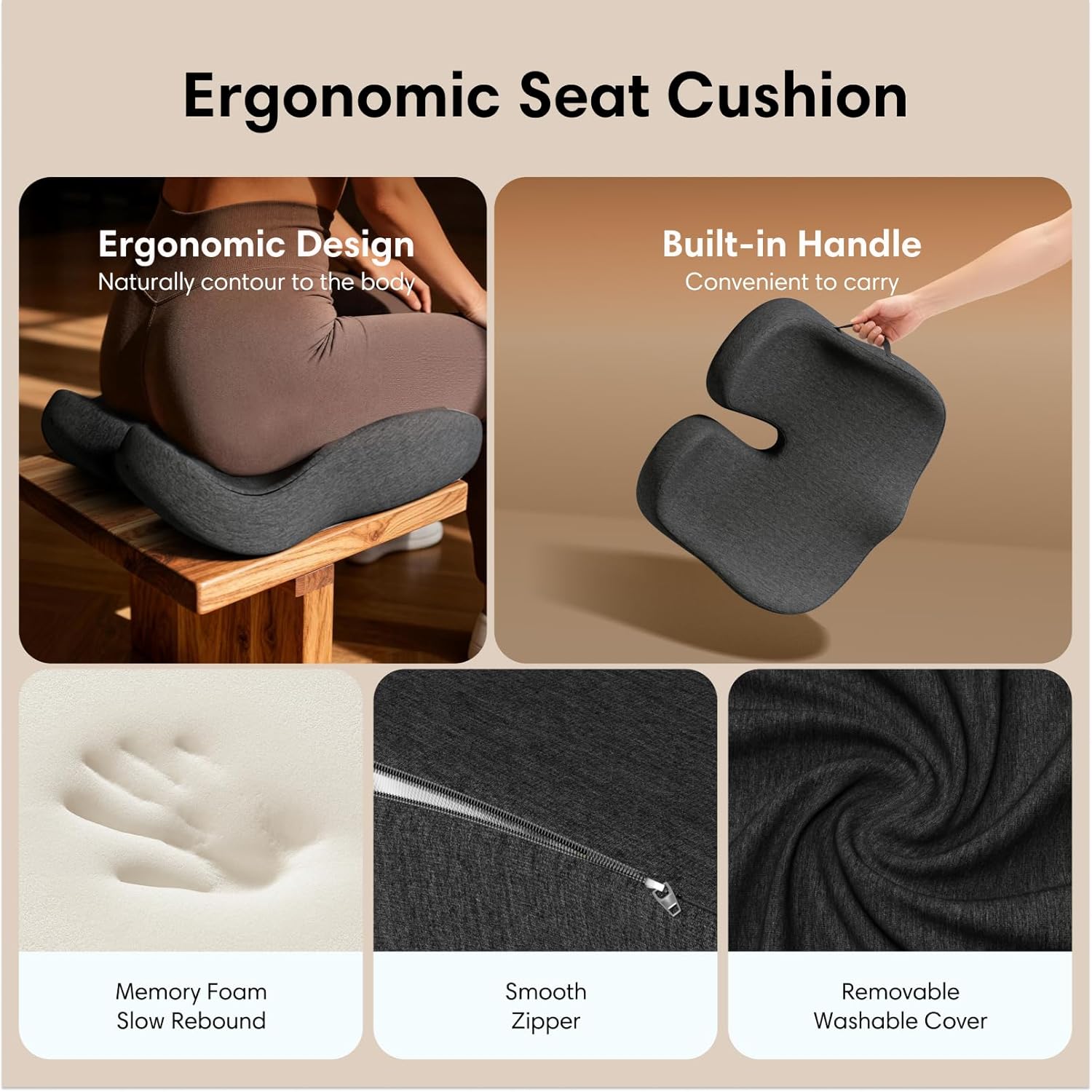 Memory Foam Seat Cushion for Office Chair, Car & Wheelchair – Soft Comfort Coccyx Cushion for Tailbone & Sciatica Pain Relief, Portable Seat Pad for Long Sitting, Driving & Travel