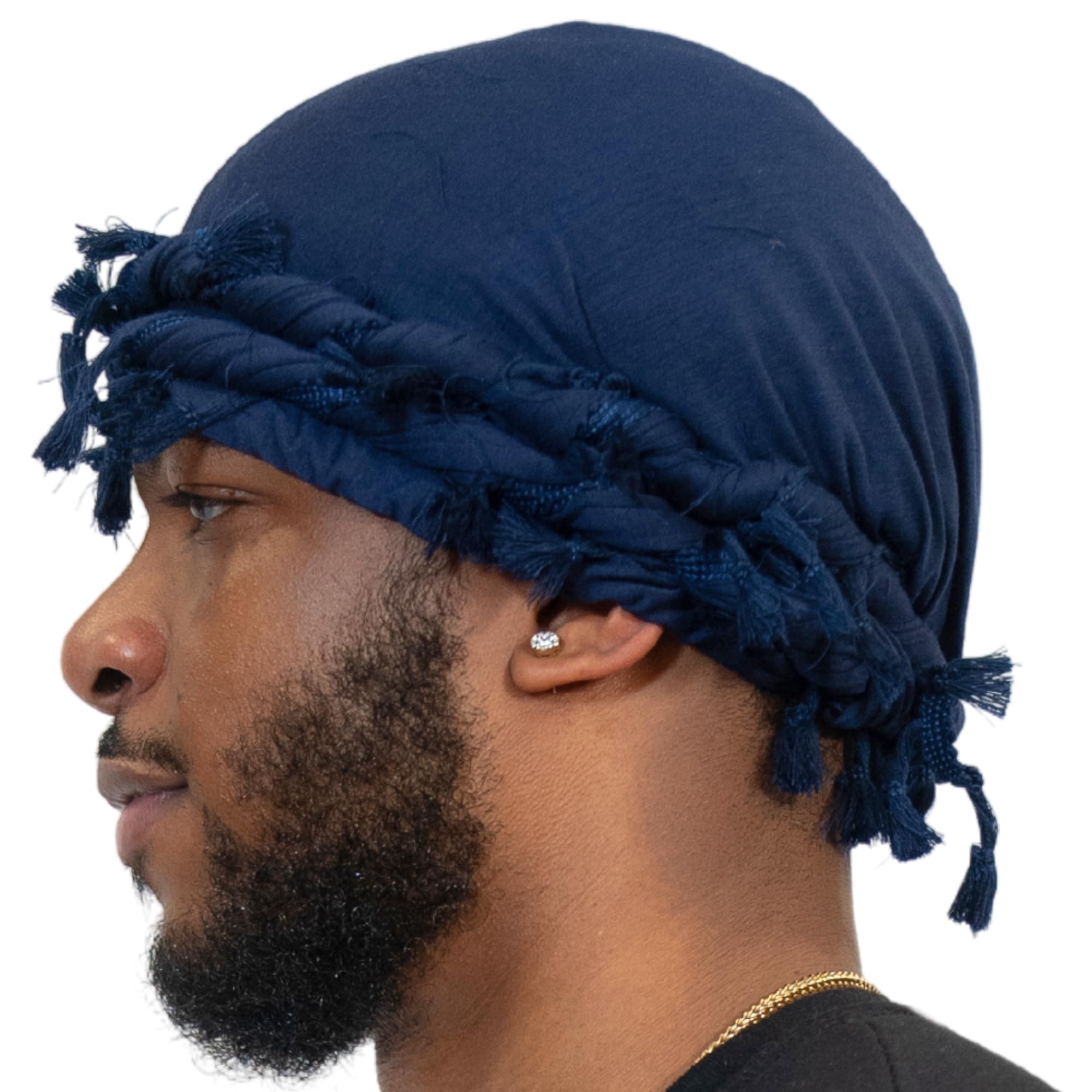 Superior Halo Turban Silk Satin Lined Head Wrap, Pre-Tied Tassel Turban for Men & Women, Turban Durag Wave Cap (Navy)