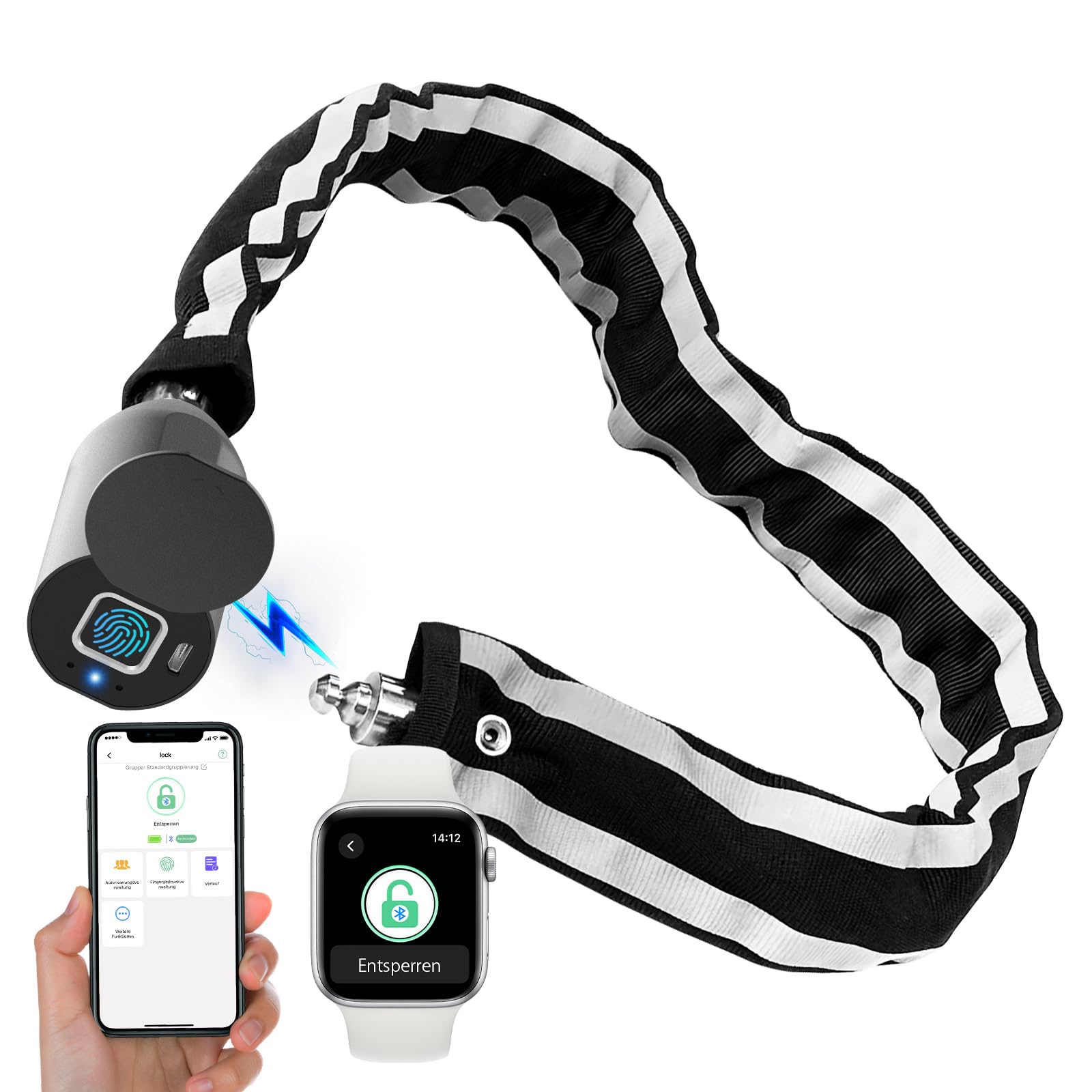 Eseesmart Serratura a catena per bicicletta, con impronte digitali, con app per telefono, lunghezza 100 cm, impermeabile, senza chiave
