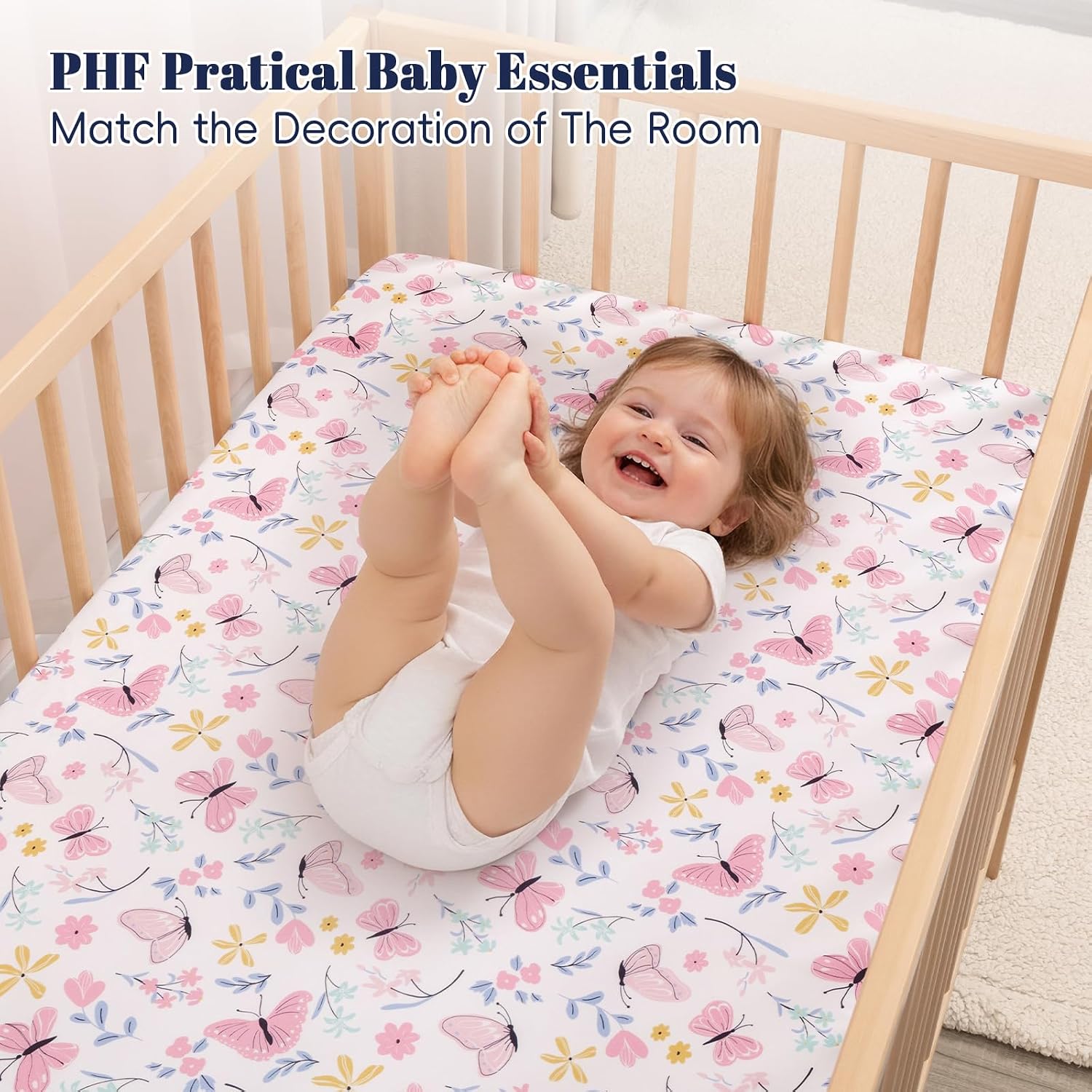 PHF 3 Pack Soft Butterfly Crib Sheets Fitted, Comfy Breathable Baby Sheets for Girls, 28x52 Inches Fits Standard Crib and Toddler Mattresses, Butterfly