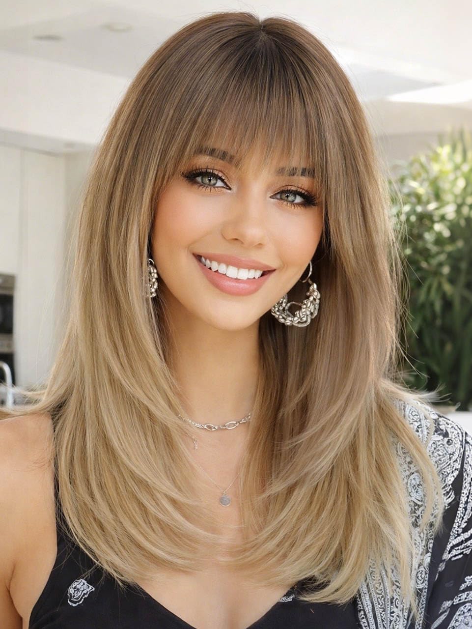 AISI HAIR 【Beginner Friendly Wigs】 Ombre Blonde Wig with Bangs for Women, Middle Length NaturalLayered Straight Wig for Daily Party