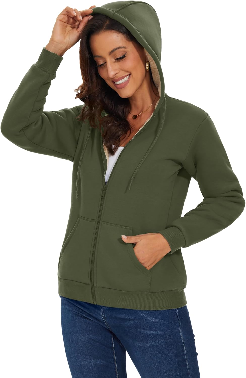 MAGCOMSEN Womens Zip Up Hoodies Sherpa Lined Fleece Thermal Jacket Full Zip Winter Warm Casual Thick Coats Pockets - Image 5