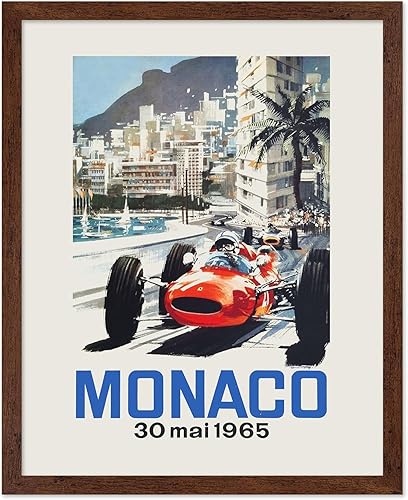 Poster Master Vintage Car Racing Poster - Retro Auto Racing Print - 8x10 Poster & Brown Frame Bundle