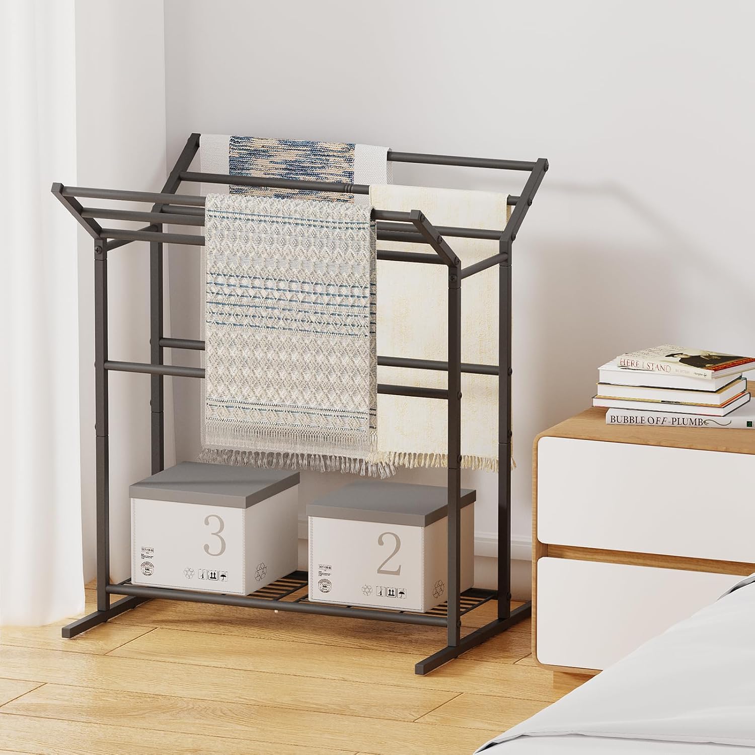Free Standing Towel Rack for Bathroom, 40.3" Tall 6 Tier Quilt Rack Stand, Large Quilt Blanket Holder with Storage Shelves for Living Room Black Metal