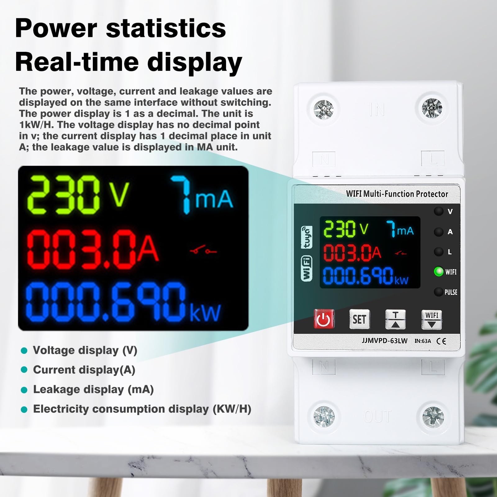 DEWIN Contatore Energia Elettrica WiFi,63A 220V Protettore di Sovratensione e Sottotensione Misuratore Energia Elettrica WiFi Scaricatore di Sovratensione 220V