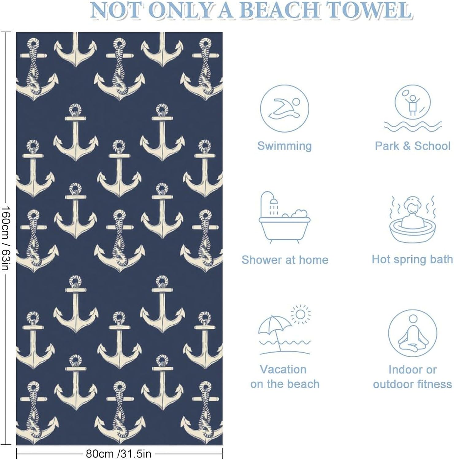 Anchors Nautical Pattern Bath Towel Beach Towels Quick Dry Oversized Bath Blanket Highly Absorbent Towel for Women Men 160x80cm