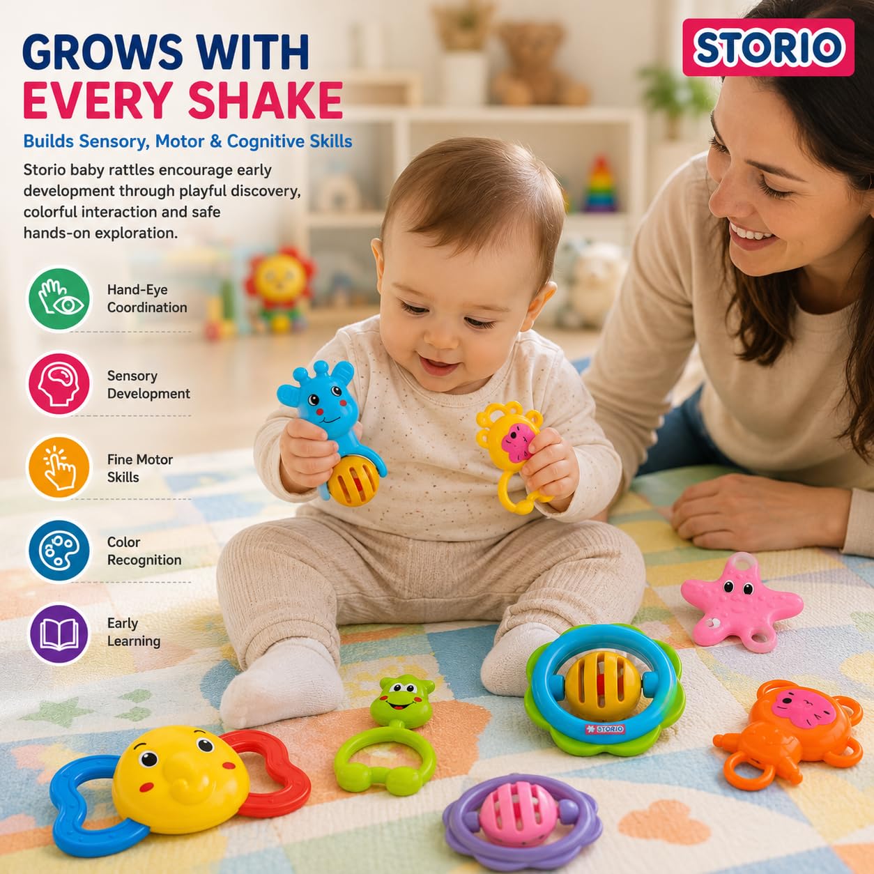 Storio Baby Products Toys 7 Pcs Rattle Set with Teathers for New Born Baby Gifts, Toy for Babies, Non-Toxic — Amazon image 8