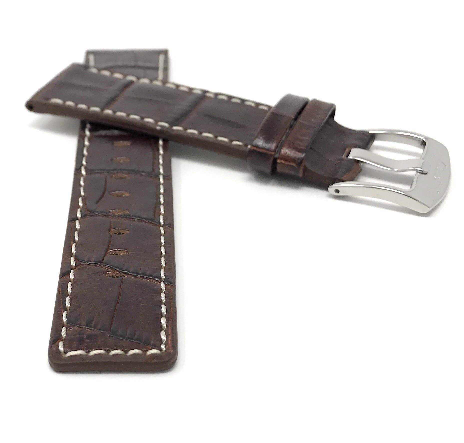 Bandini Mens Leather Watch Band Strap - White Stitch - Square Tip - 3 Colors - 22mm, 24mm, 26mm, 28mm, 30mm, Brown, 26MM