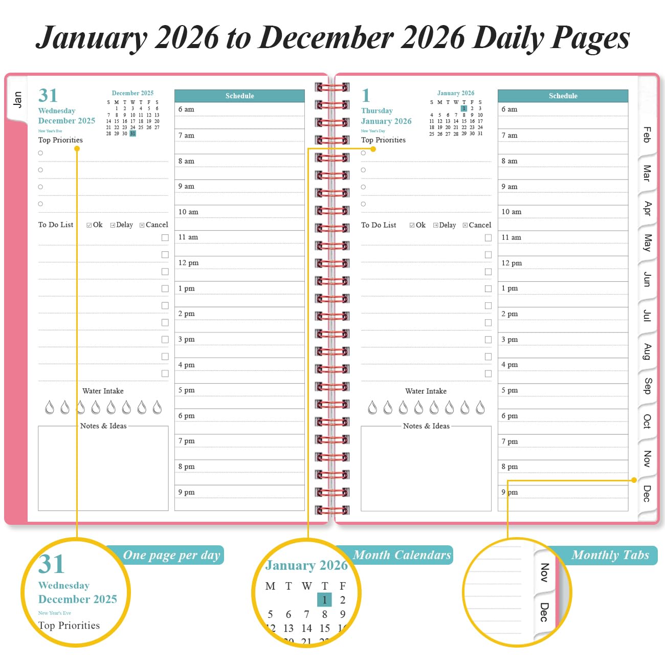 Agenda diaria y mensual 2025, una página por día, enero de 2025 a diciembre de 2025, agenda 2025 con tapa flexible, 12 pestañas, bolsillo interior, 6.4 x 8.5 pulgadas, rosa
