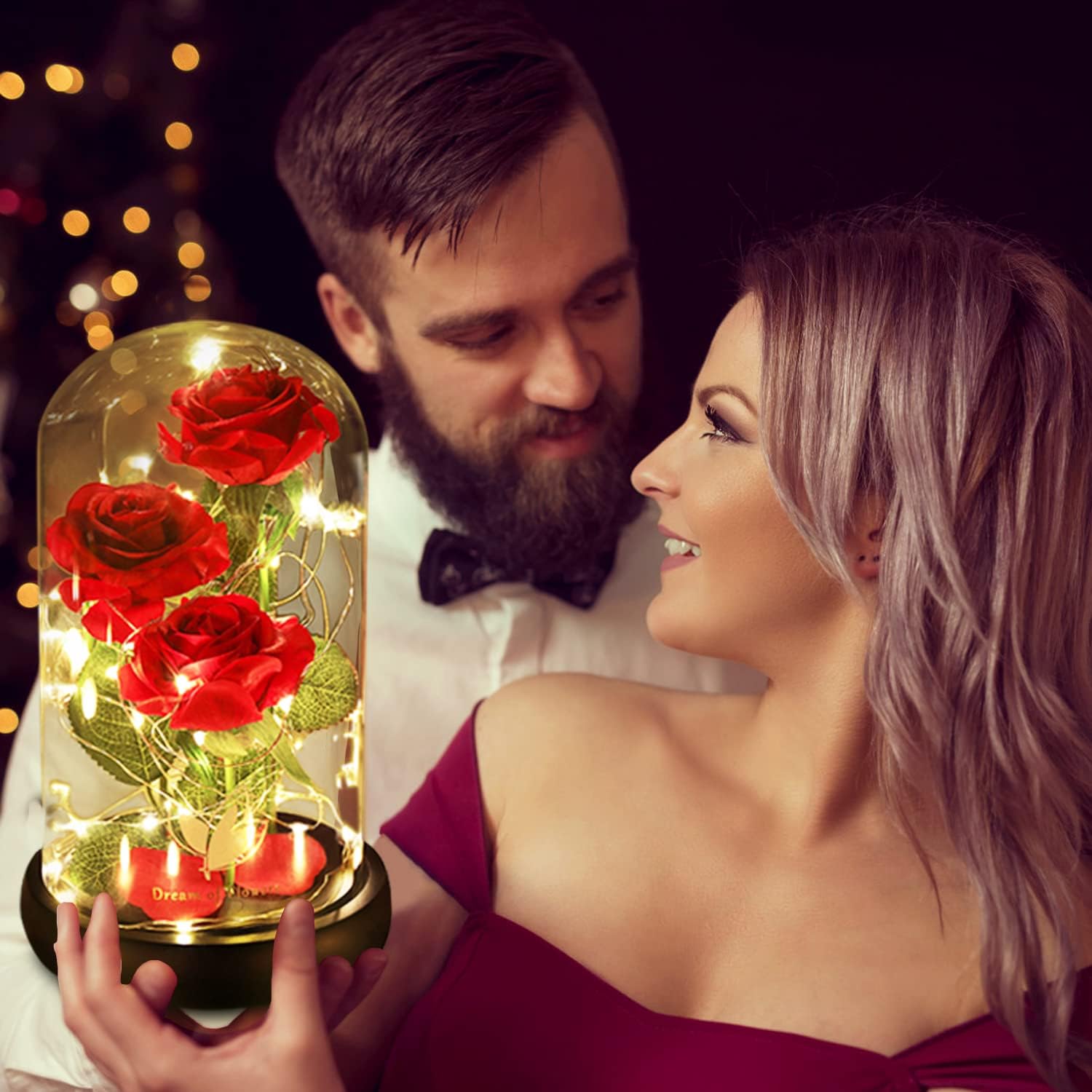 Valentines Day Gifts for Her,Beauty and The Beast Rose in Glass Dome,Anniversary Rose Gifts for Wife,Valentines Flowers Birthday Gifts for Women,Romantic Red Silk Rose Flower Gifts for Women - Image 3
