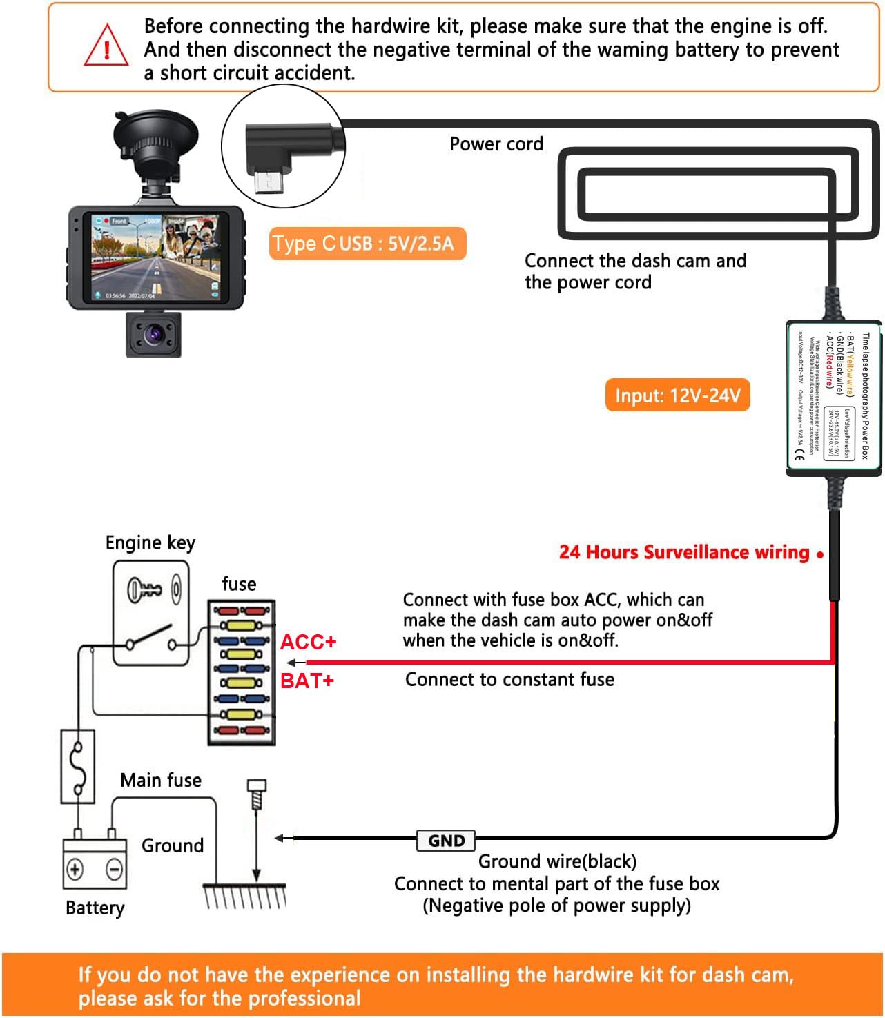 Gebildet Zestaw Przewodów do Kamery Samochodowej, port Złącza Micro USB L, Zabezpieczenie przed Niskim Napięciem dla Kamer Dash Cam, DC 12V–24V do 5V/2.5A maks.ładowarki Samochodowej z Bezpiecznikiem
