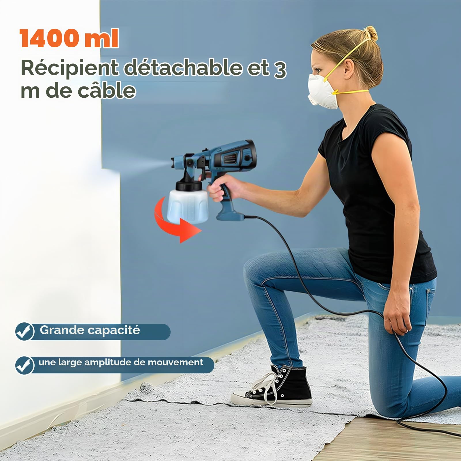 Pistolet a Peinture, Pistolet Électrique 800W, 5 Buses en Cuivre d'une Capacité de 1400ML Pulvérisateurs de Peinture, Adapté aux Murs, Clôtures et Plafonds