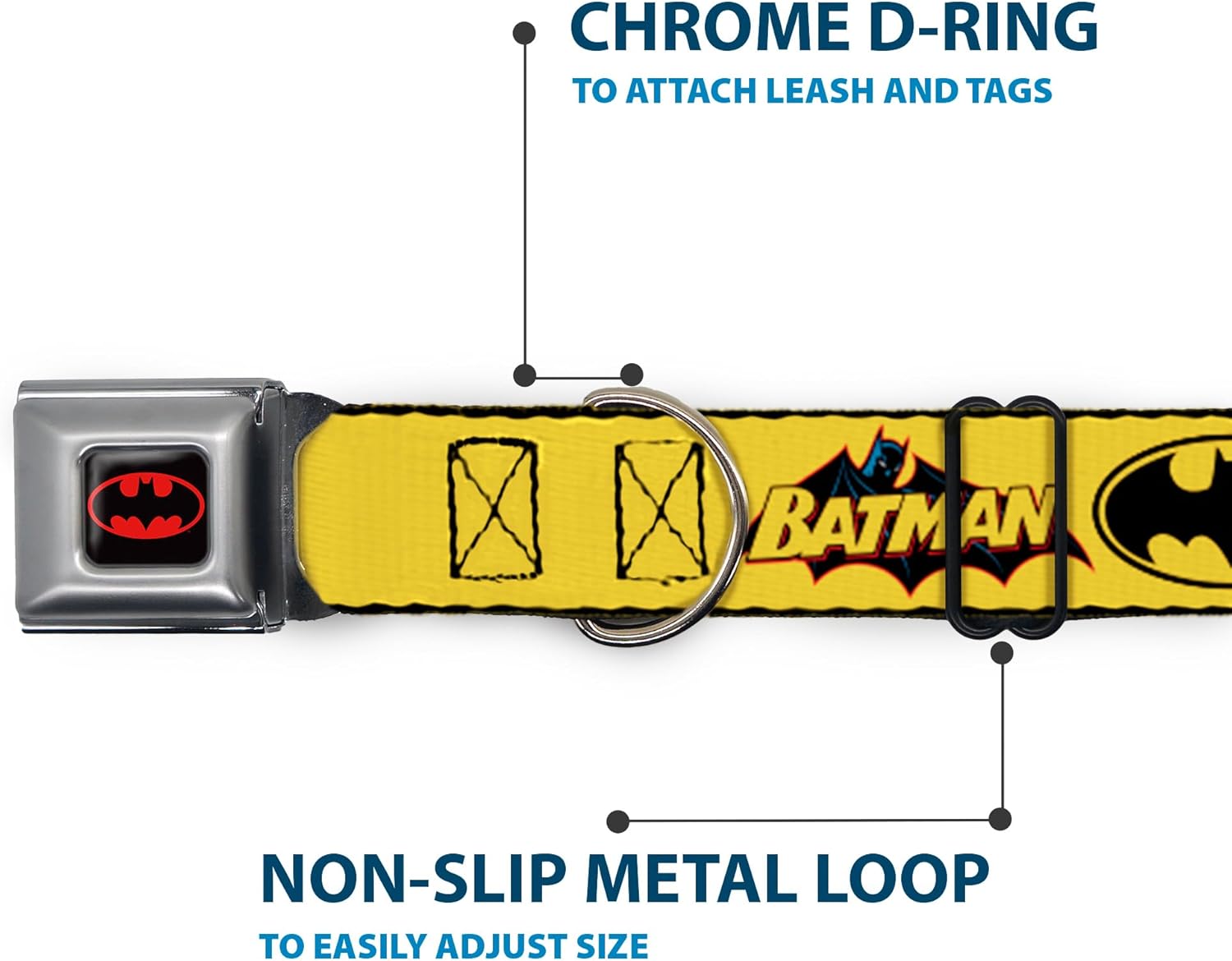 Buckle-Down Seatbelt Buckle Dog Collar - Vintage Batman Logo & Bat Signal-3 Yellow - 1.5" Wide - Fits 13-18" Neck - Small