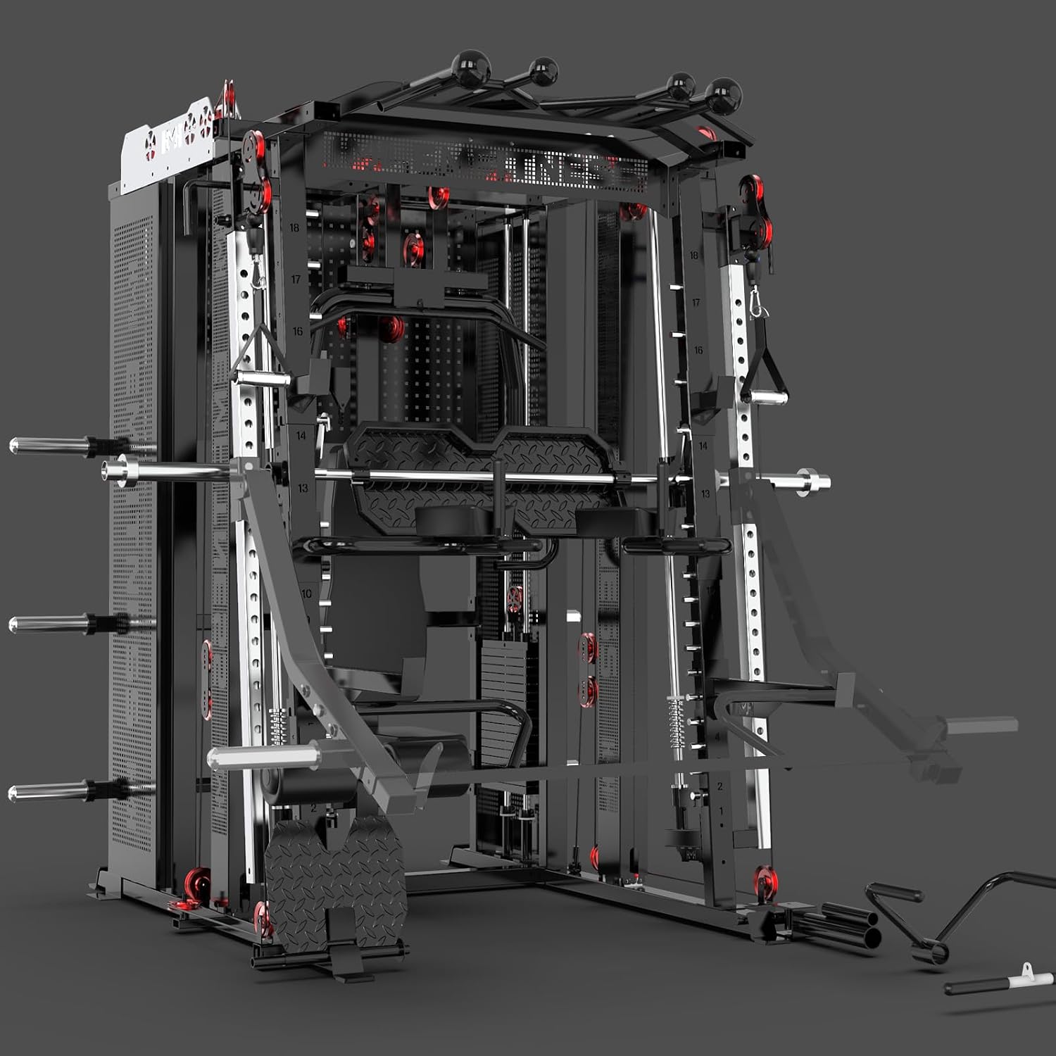 Commercial Smith Machine with Smith Bar, Power Cage Squat Rack with Lever Arm, Leg Press, LAT Pull Down System, Cable Crossover Machine