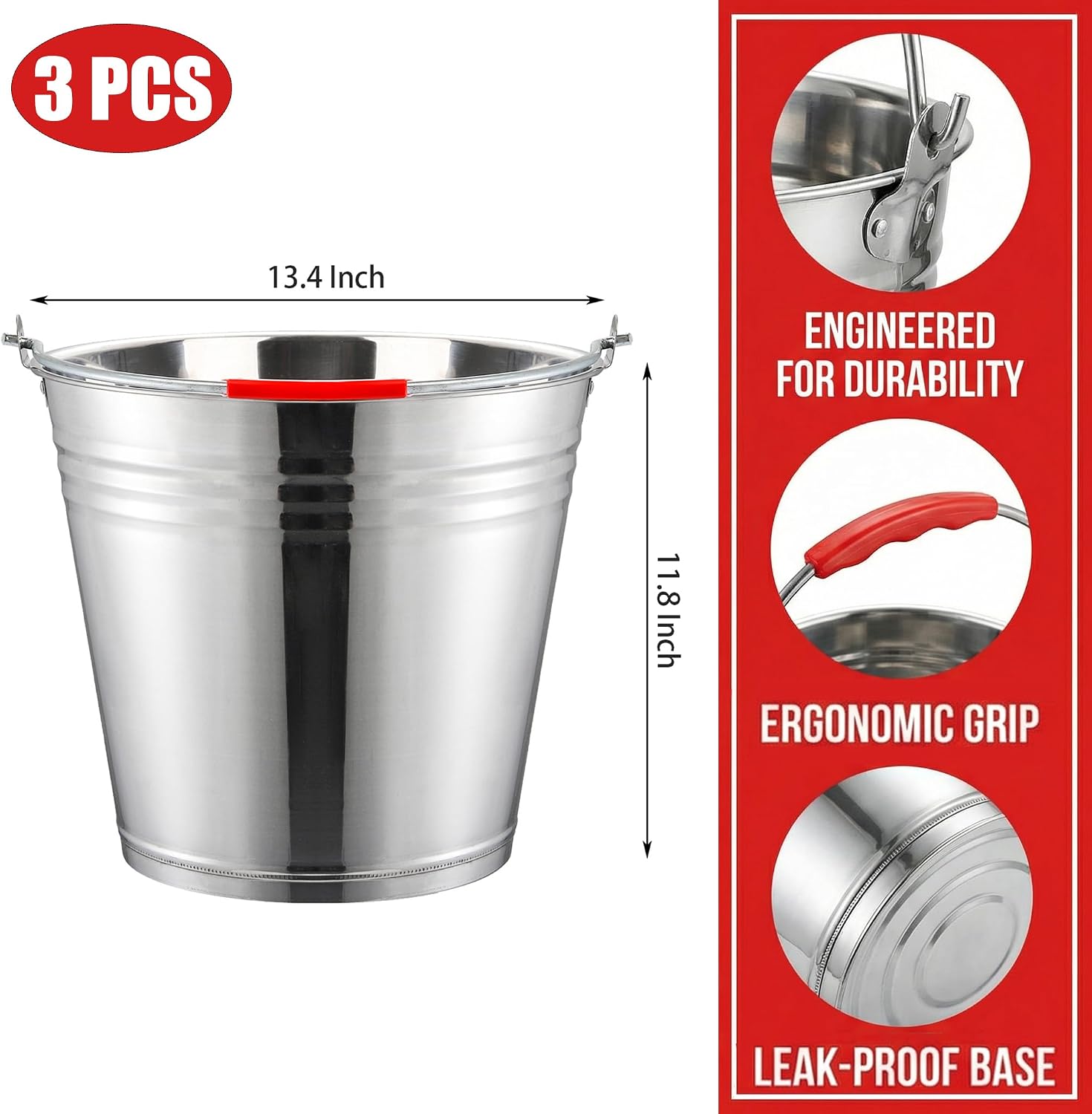Nicunom 3 Pack 4 Gallon Metal Bucket Pail Container with Handle, Heavy Duty All Purpose Pails Food Grade Steel Buckets for for Outdoor and Household