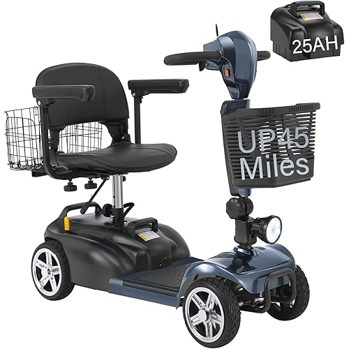 15-45 Miles Ecomobi MS02 4 Wheels Mobility Scooter for Adults/Seniors, 350W Powered Electric Wheelchair Device w/15Ah-25Ah Extended Battery, Dual Baskets/Rotating Seat, Compact Duty Mobile for Elderly