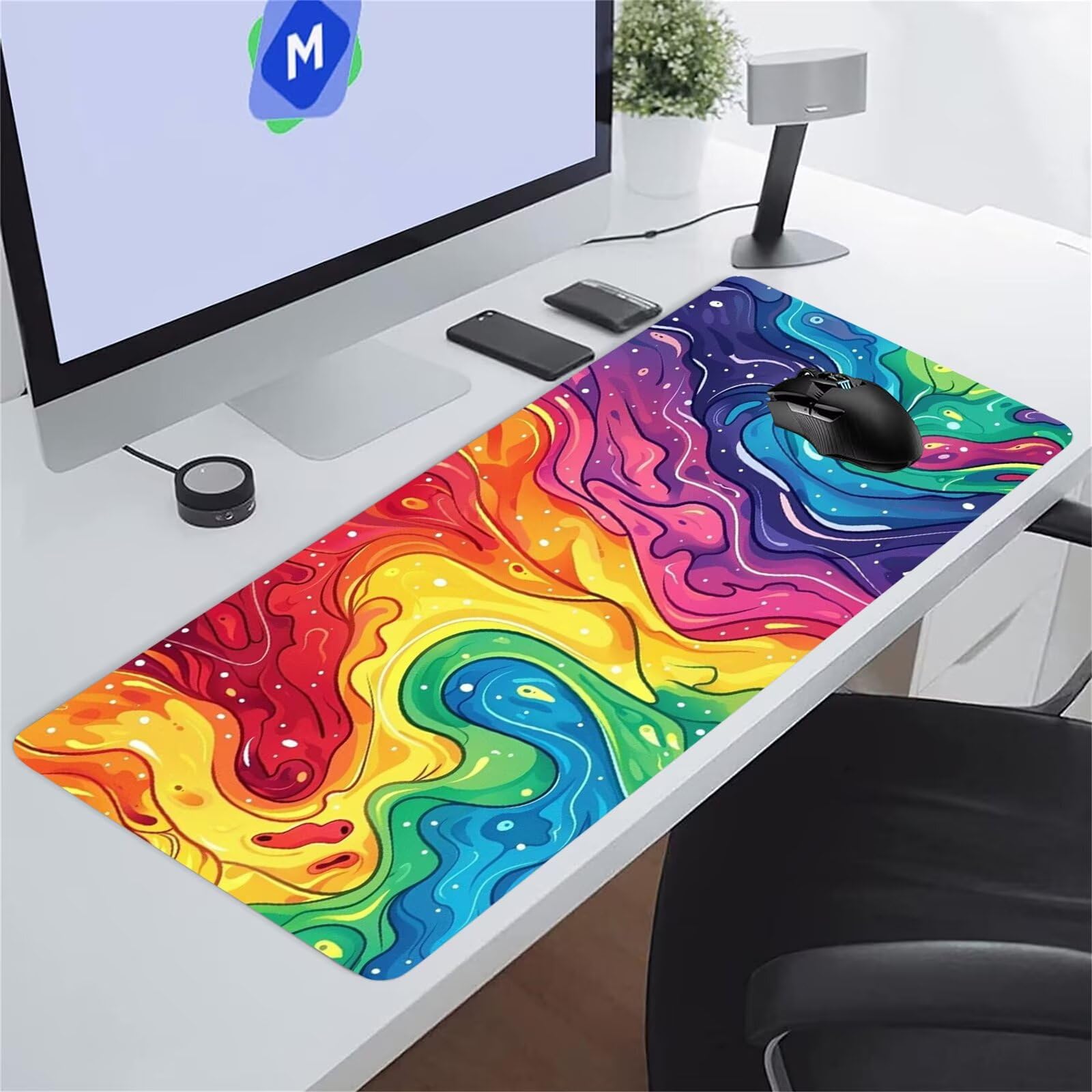 Grand Tapis de Souris de Jeu 1000x500x2 mm Mouse Pad Gaming Liquide Rouge Jaune Tapis de Bureau Antidérapant avec Bords Cousus pour Bureau, Études, Gamer