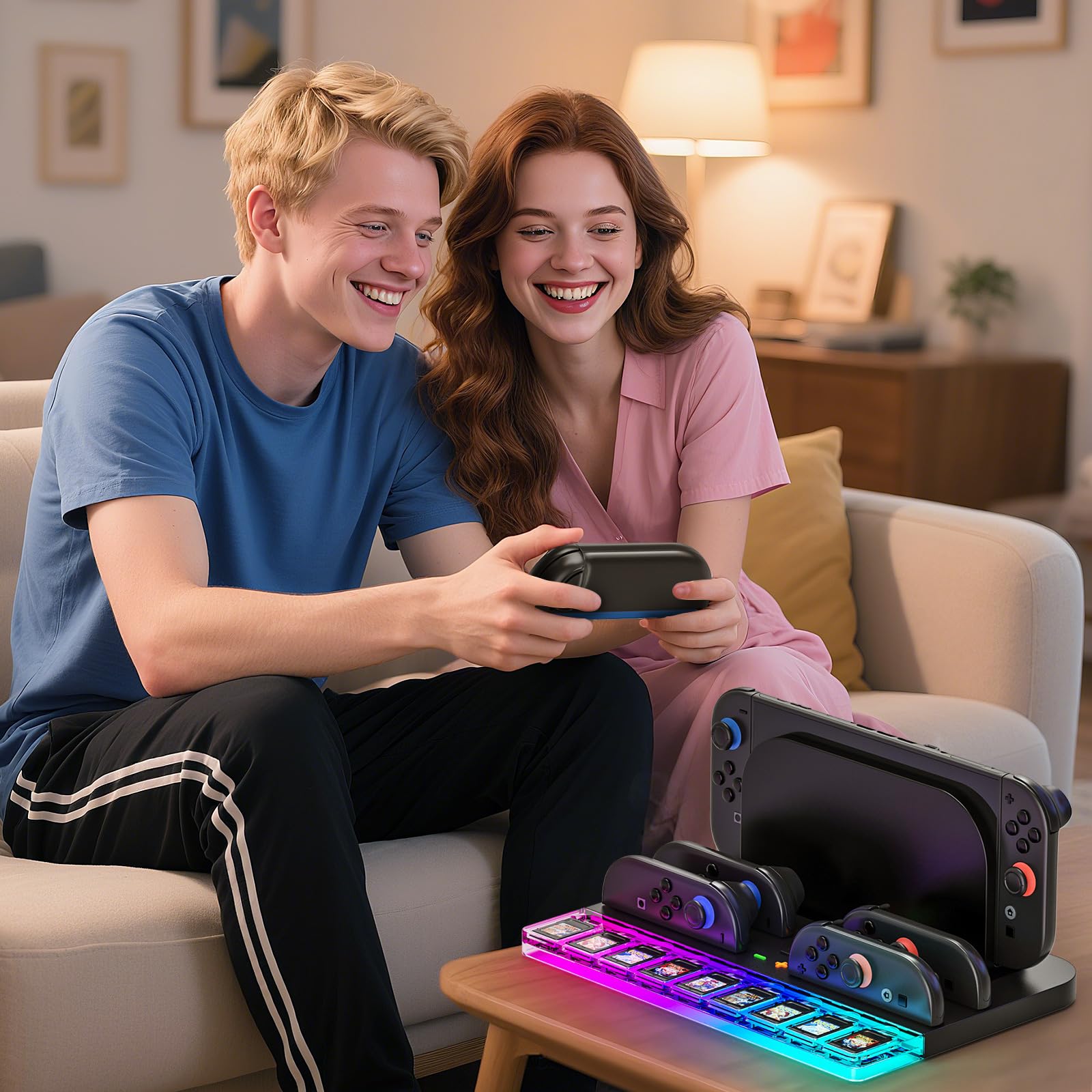 Stazione di Ricarica Joy Con Switch 2 (2025), Stazione di Ricarica per Controller Switch 2 con 7 Luci RGB, Ricarica 4 Impugnature Switch 2, Contiene 9 Schede di Gioco Switch e Accessori per Console Sw