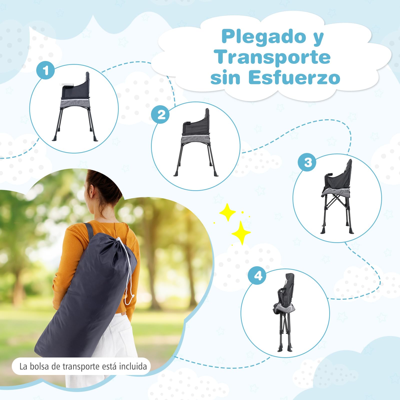COSTWAY Trona de Bebe Portátil, Silla Plegable para Bebé con Bandeja Ajustable en 2 Niveles, Cinturón de Seguridad y Aberturas Ajustables para las Patas, Bolsillos de Malla, Trona Plegable