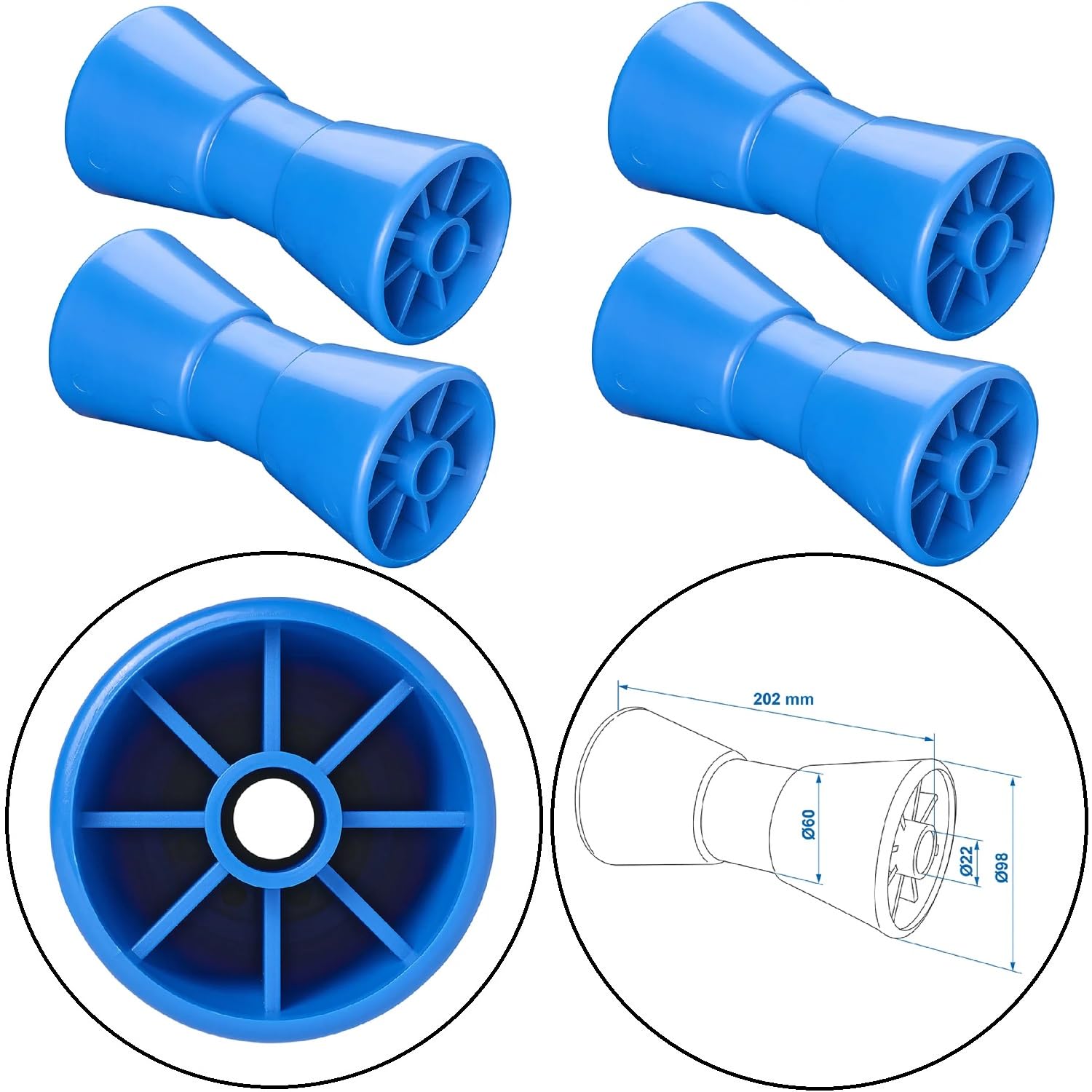 Preiswert&Gut 4 x Kielrollen – 200mm Länge, Ø 98-68mm – Rollen für Bootstrailer aus Polyethylen – Hochwertiges Bootszubehör & Boot Trailer Zubehör in Blau