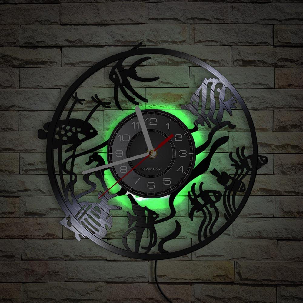 Orologio da parete in vinile, orologio analogico a tema biologico marino, luce notturna a LED con telecomando, decorazione da parete regalo orologio da parete!