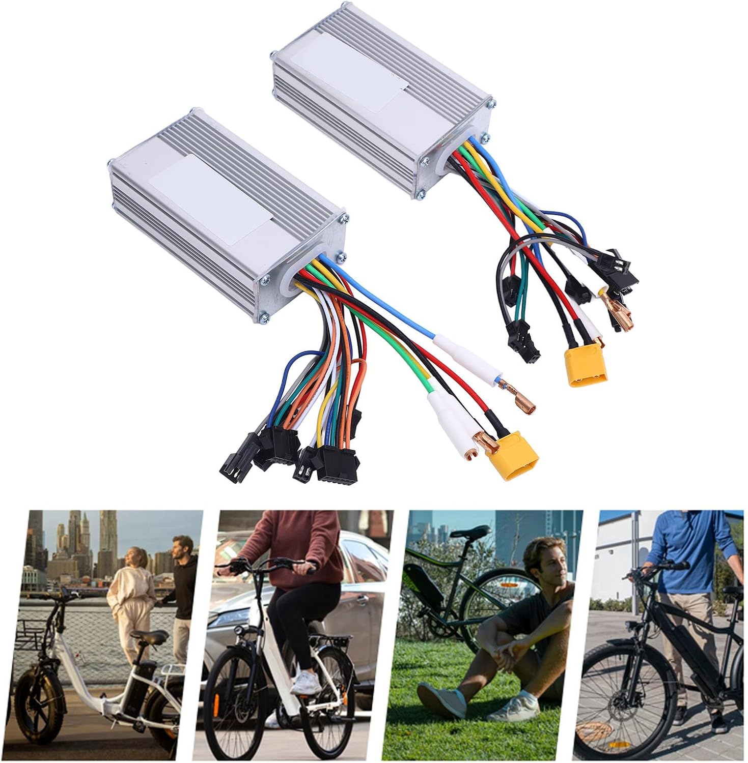 All components of the Alomejor Electric Bike Speed Controller Kit laid out, including two controllers, a display, and various cables and connectors.