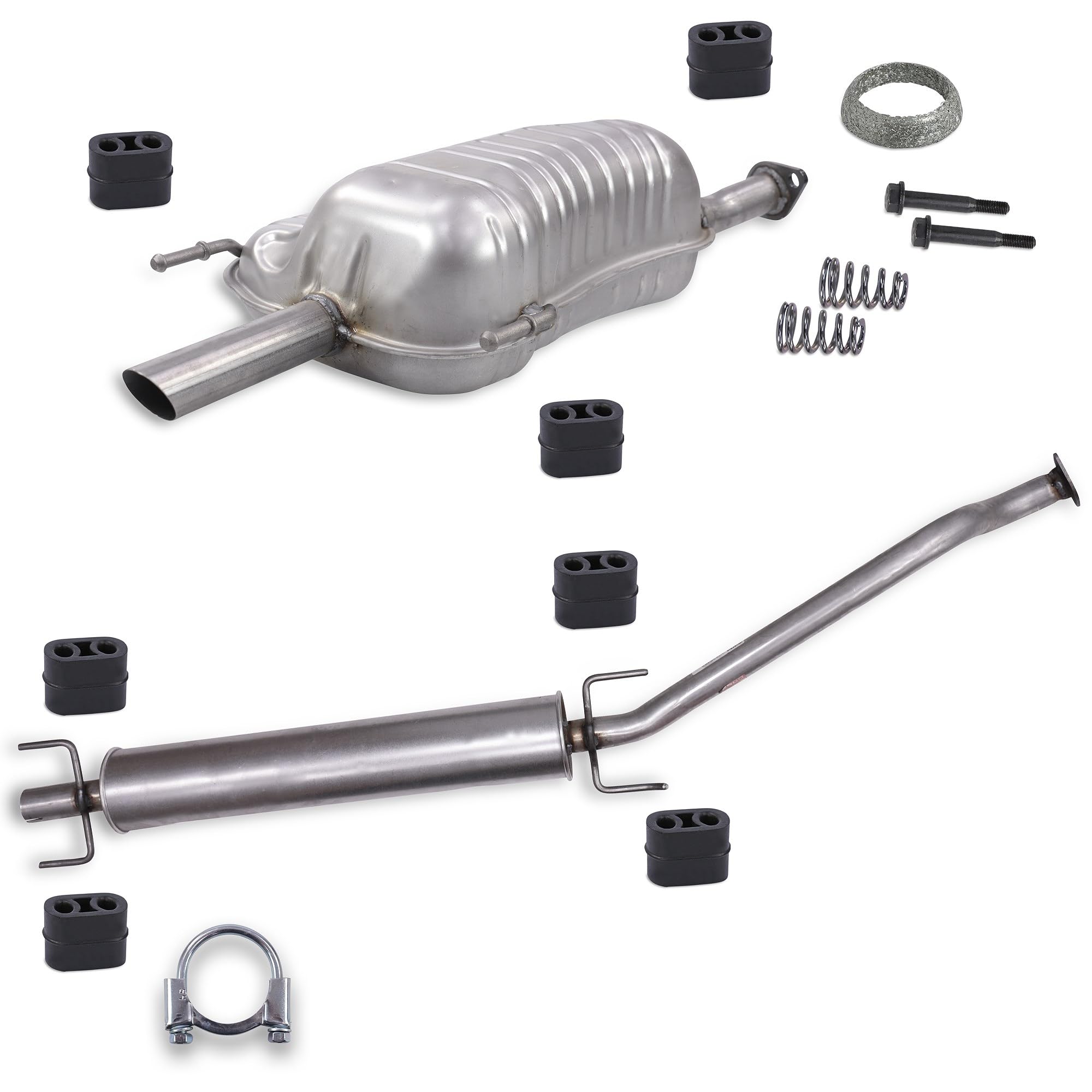 BESTPRICE Auspuff Schalldämpfer Set 1x Mittelschalldämpfer, 1x Endschalldämpfer, mit Montagematerial Kompatibel mit OPEL ASTRA G CC (T98)