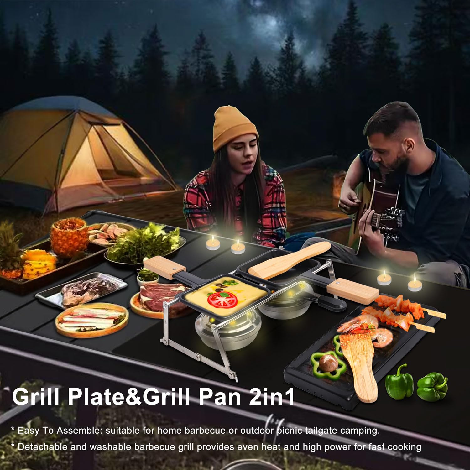 Mini Appareil à Raclette Portable pour 2 Personnes, Plaque Antiadhésive avec Gril, 2 Brûleurs à Alcool, 2 Spatules et Support Métallique Pliable pour Camping, Pique-nique et BBQ