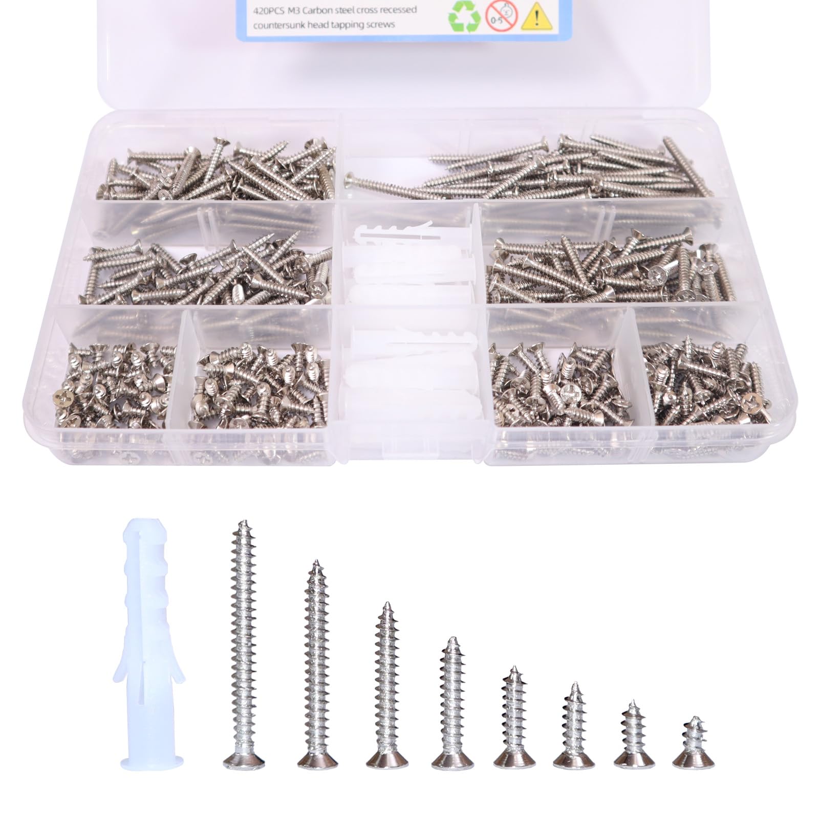 NIANXIHAN 420 pcs. Set of Carbon Steel, M3 Flat Head Wood Screws - Phillips recessed countersunk Head Tapping Screws, zinc Plated for Durability, Includes 20 M6 Screw Anchors (Sliver)
