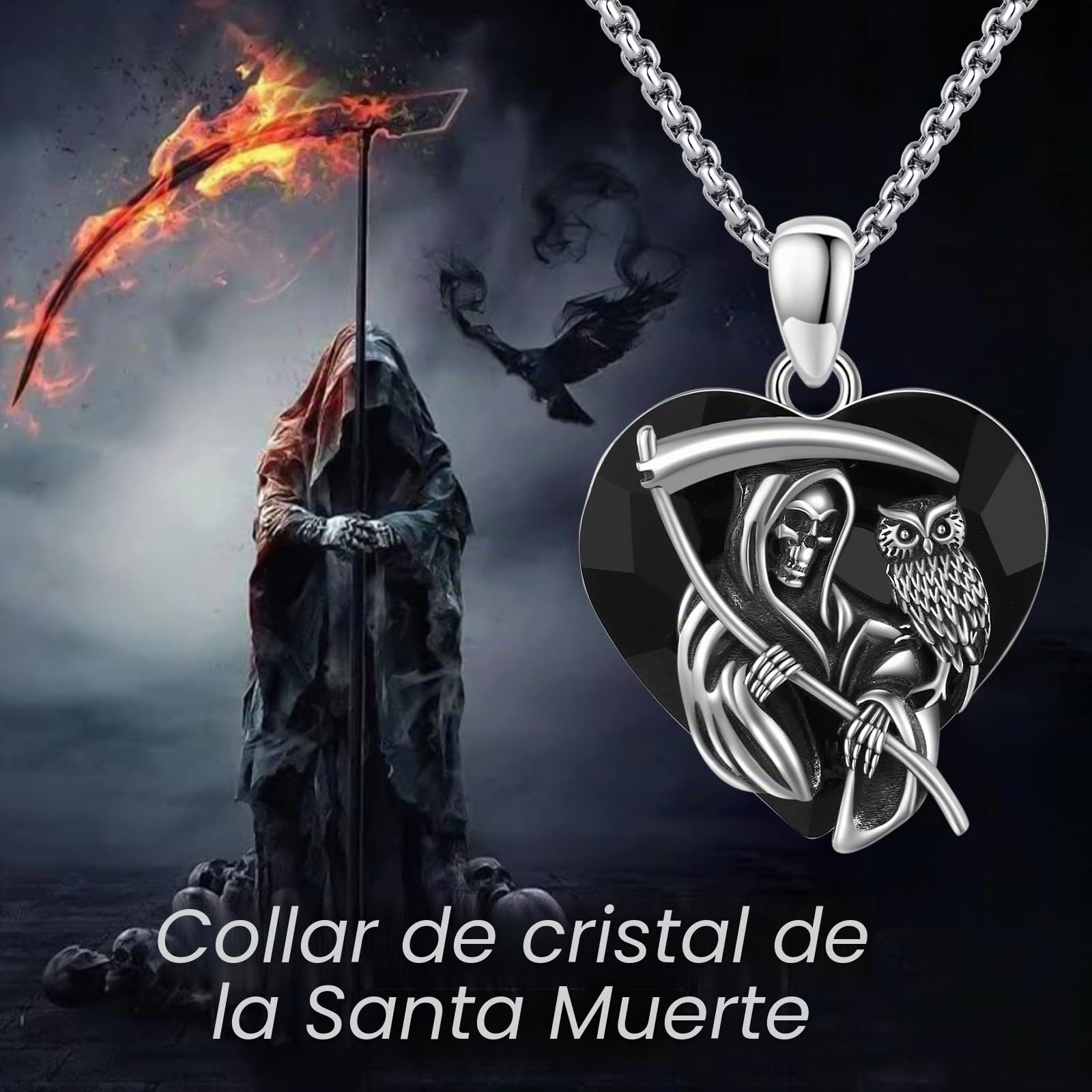 Reaper - Collar de plata de ley 925, diseño de búho y Santa Muerte con cristales negros, collar de Halloween, joyas de Halloween, regalo para mujeres y hombres, 22 + 2 pulgadas, 18 * 18 mm, Plata